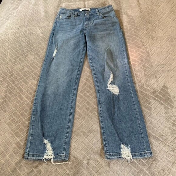 Signature Twenty Four Womens 27 Denim Jeans Blue Baggy Straight Leg Distressed - Picture 1 of 12